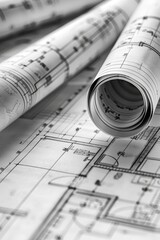  Rolled and unrolled architectural blueprints focused on design details 