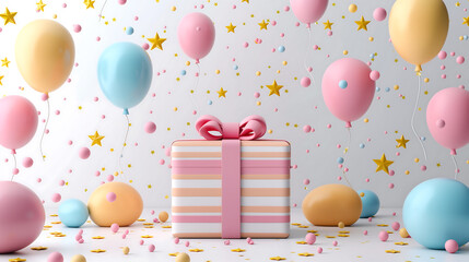 3D rendering of a wrapped gift box with a ribbon, surrounded by balloons and stars on a white background