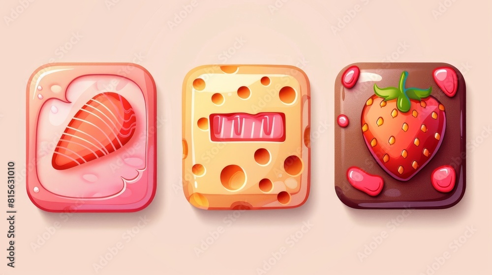 Aufkleber there is a modern cartoon set of rectangular buttons from salmon, meat and tuna. the buttons have di