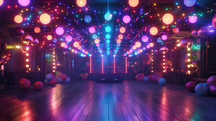 3D rendering of a dance floor with vibrant lights, balloons, and festive decorations, creating an energetic party atmosphere