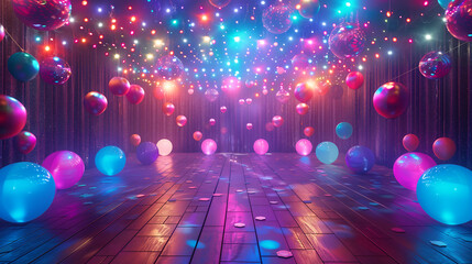 3D rendering of a dance floor with vibrant lights, balloons, and festive decorations, creating an energetic party atmosphere