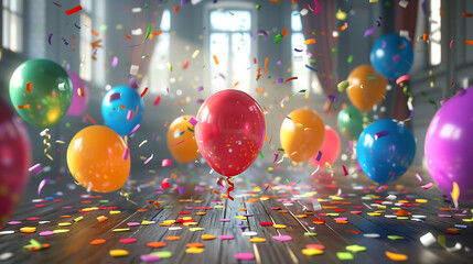 3D rendering of a party scene with colorful balloons, confetti, and streamers, highlighting festive decorations and a lively atmosphere