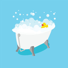 Naklejka premium Bath tub with soap foam bubbles and yelow duck. Relax in bathtub in the bathroom