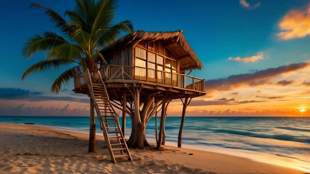 A beautiful beach hut on a tropical island. AI.