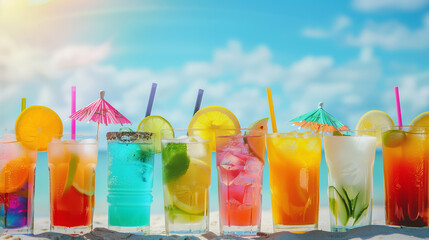 A row of colorful drinks with straws in them are lined up on a table by the sea