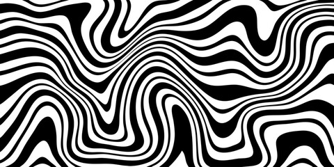 Background with black and white wavy lines. Vector psychedelic zebra pattern. Warped striped monochrome texture.