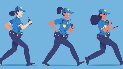 Animated flat modern illustration of a policewoman, female cop at work. She issues a fine, runs, uses a walkie-talkie and fights with some criminals.