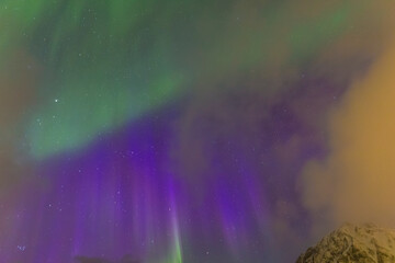 Lofoten Travel Ideas. Picturesque Aurora Borealis Known as Nother Lights Playing with Vivid Colors...