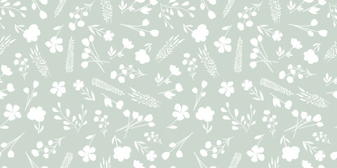 Bicolor silhouette green seamless pattern with flowers and leaves. Abstract floral spring, summer ornament. Organic background for perfume, paper, cover, fabric, interior decor.