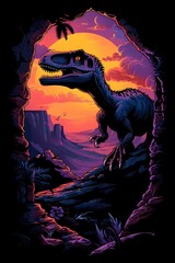 Naklejka premium Predatory Prowl of the Velociraptor Through Jurassic Canyon Landscape with Dramatic Synthwave Lighting and Cinematic Esports Flair