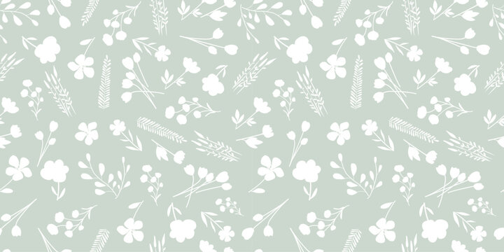 Bicolor silhouette green seamless pattern with flowers and leaves. Abstract floral spring, summer ornament. Organic background for perfume, paper, cover, fabric, interior decor.