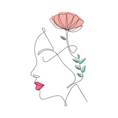 Minimalist modern line art of woman with flower. One line art. Hand drawn illustration.