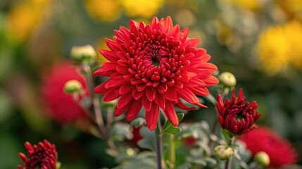 A vibrant red chrysanthemum blossoming in an outdoor garden