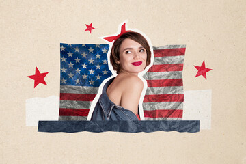 Composite collage image of cute attractive female national independence america day fourth july...