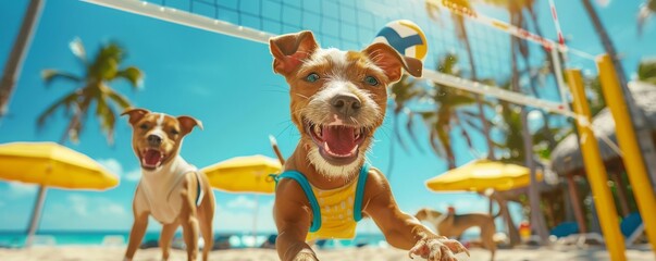 Dogs in swimwear playing volleyball on a sunny beach, dynamic action shots, bright pop art style