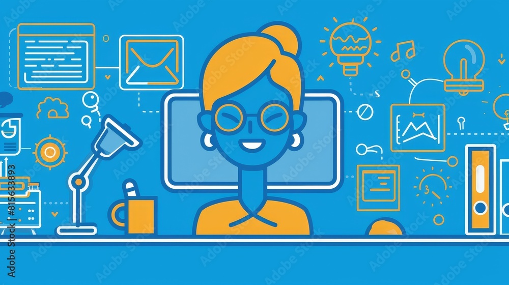 Poster a vertical modern illustration of a female tutor conducting class on a device screen. she conducts c