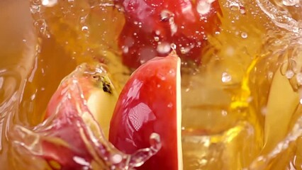close up of natural apple quarters falling in juice, advertising of fruit juice splashing, super slow motion