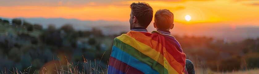 Father and son watching a sunset, wrapped in a Pridethemed blanket, peaceful and reflective moment