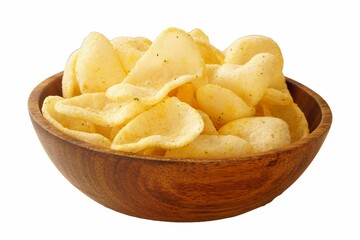 A close-up shot of delicious prawn crackers on a plate,Closeup of potato chips in the wooden bowl is