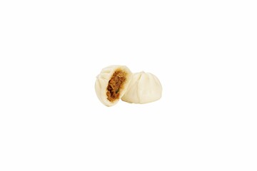 Two Asian-style dumplings on a white background.
