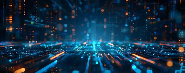 Obraz premium Abstract futuristic technology background of global high speed digital data transfer, ultra fast broadband and connection, digital cyber tech motion with neon lights