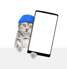 Cute kitten wearing blue cap holds big smartphone with white blank screen in it paw above empty...