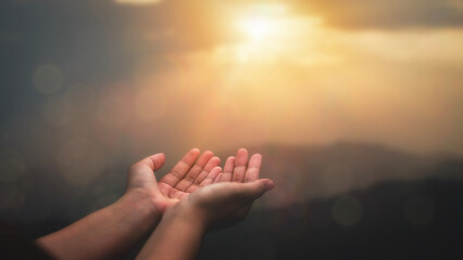 Human hands open palms in worship Belief in God, repentance, prayer, Christian religion concept....