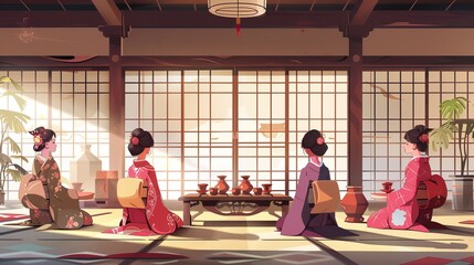 Cartoon modern illustration of a Japanese woman in traditional kimono enjoying a peaceful garden landscape while sitting at a low table. Interior with authentic Japanese decor, TV cartoon,