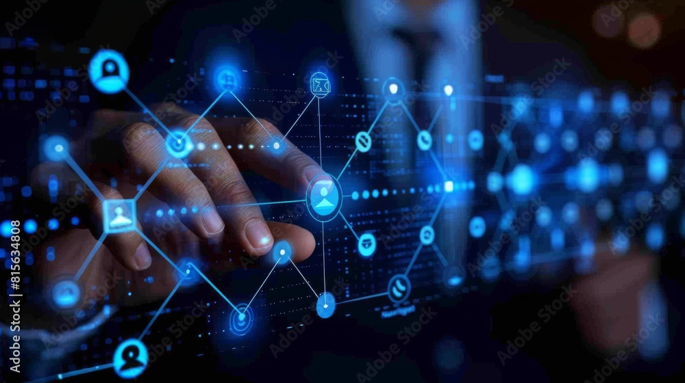 Poster digital market navigator illustrate a businessman using a futuristic computer interface to analyze s