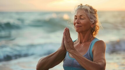 Senior woman doing yoga on the beach