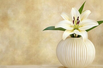 Elegant white lily in a ceramic vase against a textured backdrop
