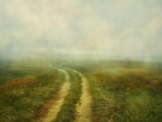 A dreamy, textured effect over an image of a rural path winding into the misty horizon, evoking a sense of journey and mystery.