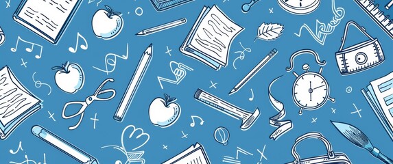 Hand-Drawn Educational Tools Pattern on Blue for School Projects and Crafts