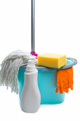 Household Housekeeping Ideas. Set or Collection of Home Cleaning Products and tools Isolated Over White