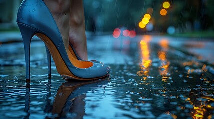 Glossy patent leather pumps, caught in the reflection of a rain-slicked pavement, symbolizing the timeless allure of urban chic and sophistication.