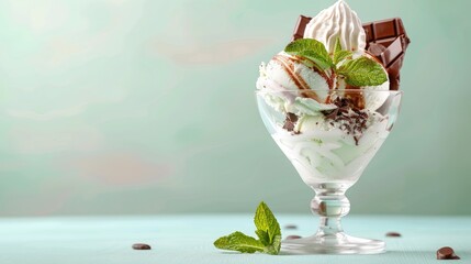 Refreshing summertime dessert featuring chocolate mint and vanilla ice cream in a sundae bowl on...