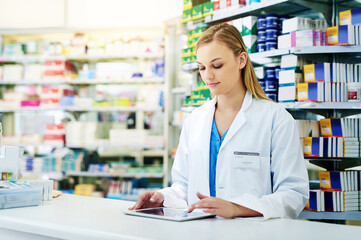 Pharmacy, woman or pharmacist with digital tablet to order medication, check inventory and...