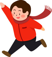 Little boy with scarf happily walks in winter