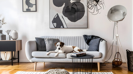 Stylish and scandinavian living room interior of modern apartment with gray sofa design wooden commode black table lamp abstract paintings on the wall Beautiful dog lying on the couch  : Generative AI