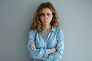 Confused and Frustrated Woman in Light Blue Shirt Generative AI