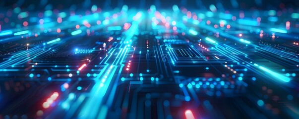 Obraz premium Digital futuristic technology abstract banner background illuminated by vibrant neon lights, forming a dynamic and interconnected network of systems