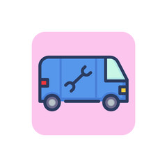Plumber service van line icon. Vehicle, wrench, spanner outline sign. Plumbing and repairing concept. Vector illustration for web design and apps