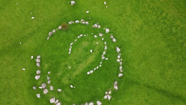 Drone shot of Ballynoe stone circle, believed to be 3500 years old, County Down, Northern Ireland
