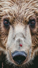 Intense portrait of bear with ladybug on its nose