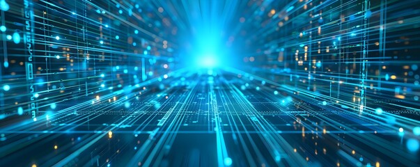 Obraz premium Digital futuristic technology abstract banner background illuminated by vibrant neon lights, forming a dynamic and interconnected network of systems