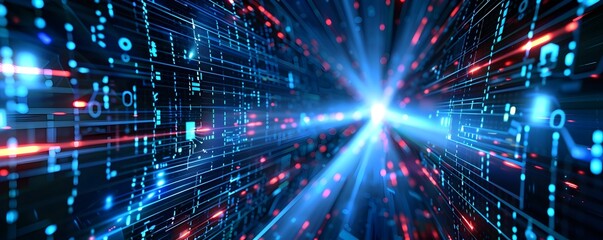 Digital futuristic technology abstract banner background illuminated by vibrant neon lights, forming a dynamic and interconnected network of systems