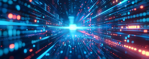 Obraz premium Digital futuristic technology abstract banner background illuminated by vibrant neon lights, forming a dynamic and interconnected network of systems