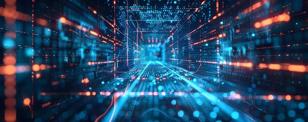 Obraz premium Digital futuristic technology abstract banner background illuminated by vibrant neon lights, forming a dynamic and interconnected network of systems