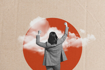 Photo collage picture young businesswoman clouds sky environment anxiety depression negative gloomy mood raised hands fists