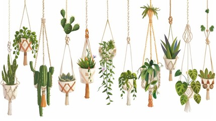 Plant hangers and hanging pots for home interior, garden or greenhouse. Handmade planters with cactus, ficus, dracaena and monstera, modern cartoon set.
